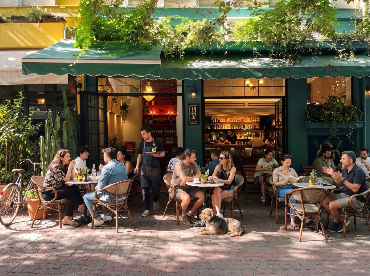Terraza de RU Cafetería con clientes en las mesas